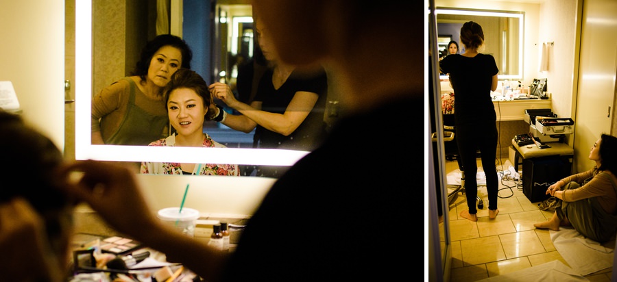 A collage of bride getting ready in the bathroom accompany by her mom