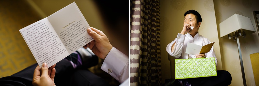 A collage of groom reading a his bride to be's love note 