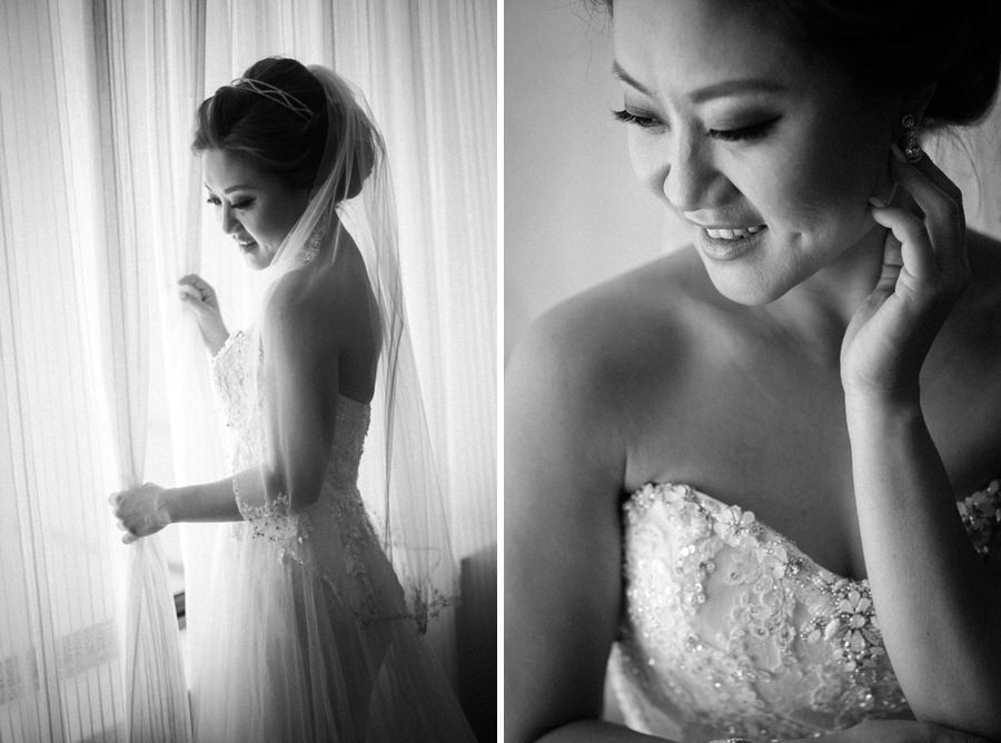 A collage of bride posing in front of hotel window